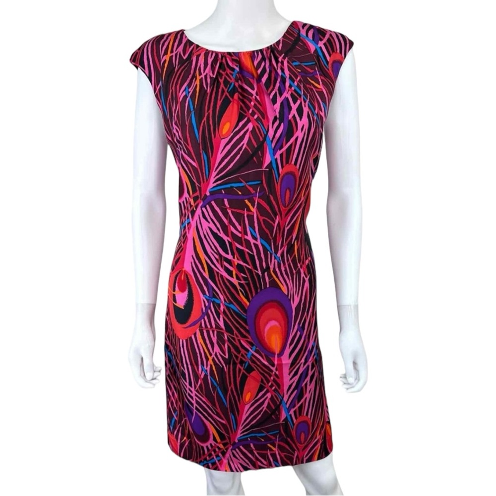 Milly of New York Pink, Purple & Blue Peacock Print Sheath Dress